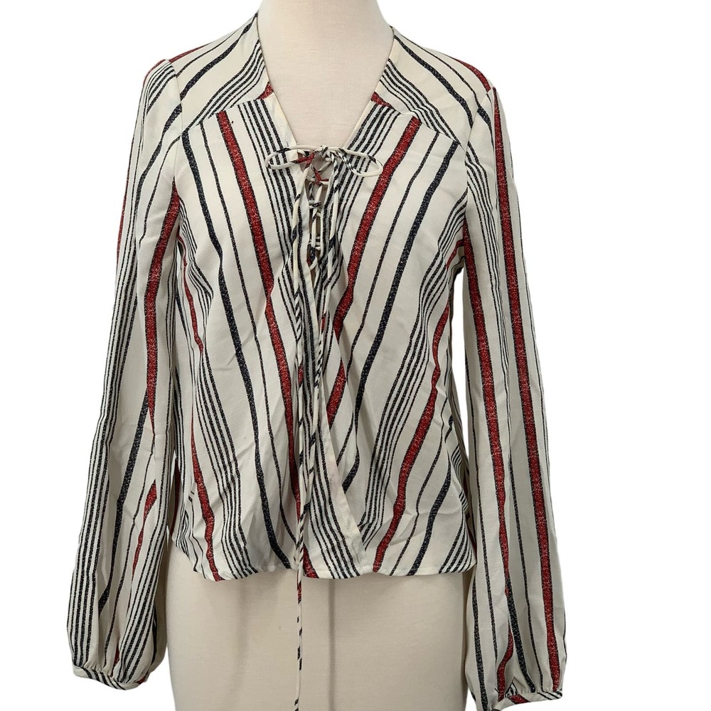 Forever 21 Contemporary Long Sleeve Pullover V-Neck Lace Up Top Cream Navy Red S